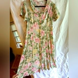 Vintage green and pink floral midi dress